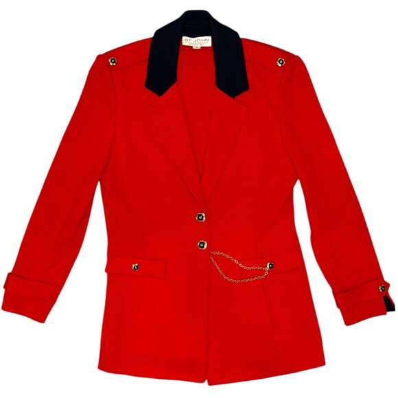 St John Collection Knit Blazer Red Gold Chain Navy Trim 10 Vintage Luxury Jacket - Picture 1 of 11